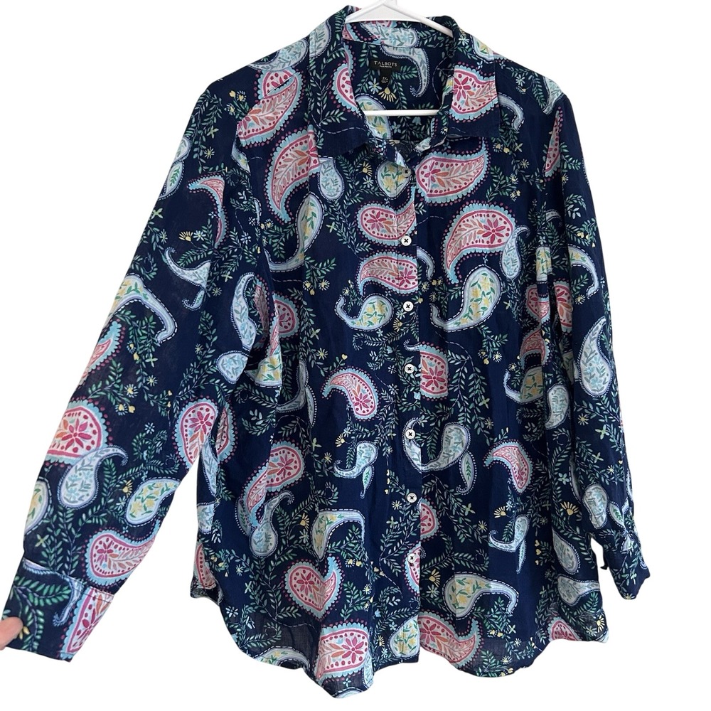 Talbots Plus Sz Blouse 3X P Button Up Paisley Floral Collar Blue Lightweight